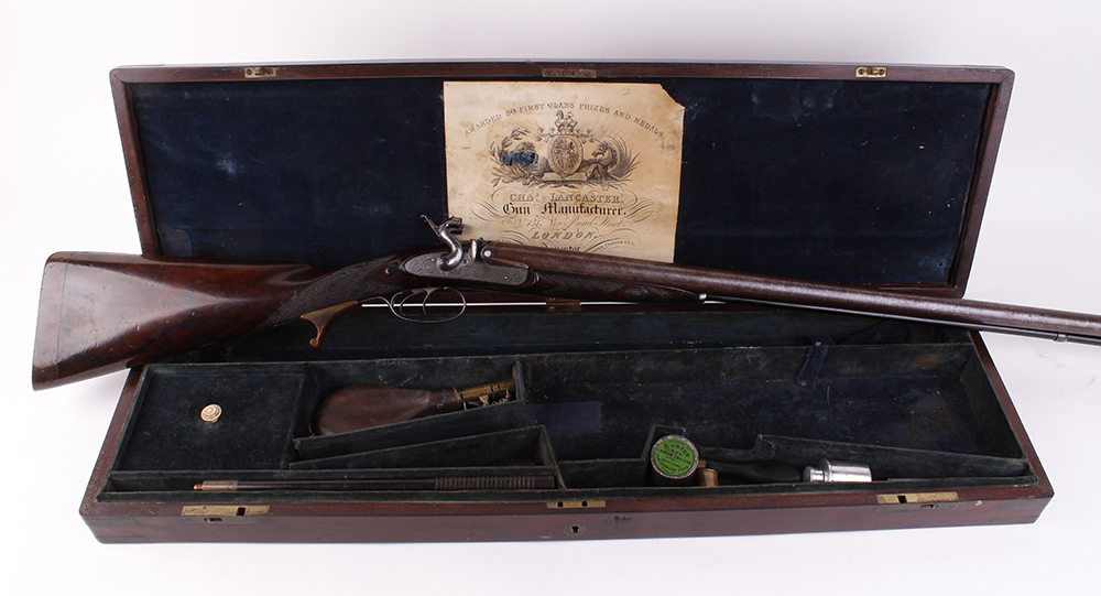 (S58) 8 bore Percussion double sporting gun by Chas Lancaster, 30 ins damascus barrels, the rib - Image 6 of 17