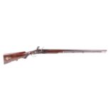 (S58) An unusual 10 bore Flintlock sporting gun with 34 ins half stocked barrel, steel ramrod,