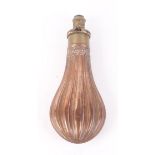 Sykes Patent copper and brass powder flask, measures for 2½-3 drams, decorated fluted body,