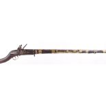 (S58) Flintlock Jezail with 50 ins full stocked two stage brass banded barrel, flared muzzle,