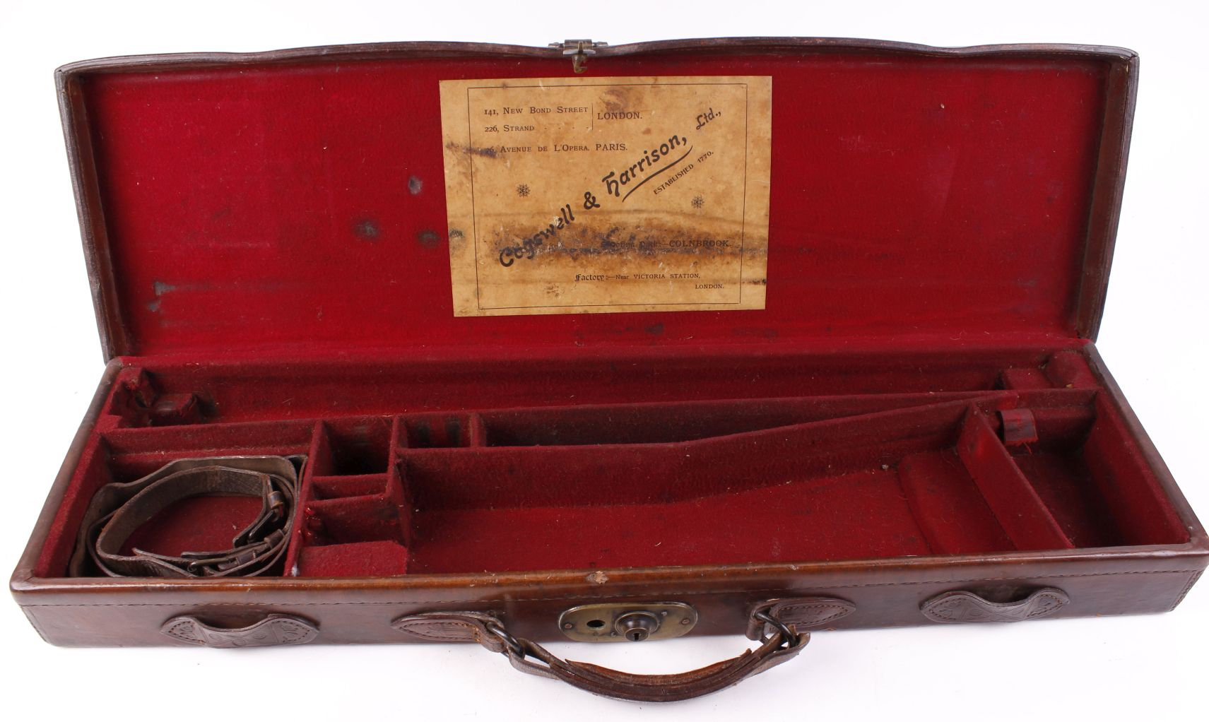 Leather motor case with red baize lined fitted interior for 27½ ins barrels (will take 28 ins), - Image 2 of 3