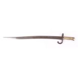 Chassepot bayonet with 22½ ins single edged fullered blade, dated 1874, brass grips, no.