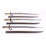 Three Chassepot 1866 pattern bayonets and scabbards,