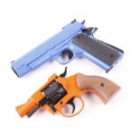 9mm Olympic 38, blank firing 5 shot revolver, orange frame, wood grips; BB Colt 1911, Co2,
