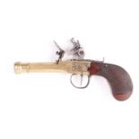 (S58) 50 bore Flintock pocket pistol with 3 ins octagonal brass cannon mouth barrel,