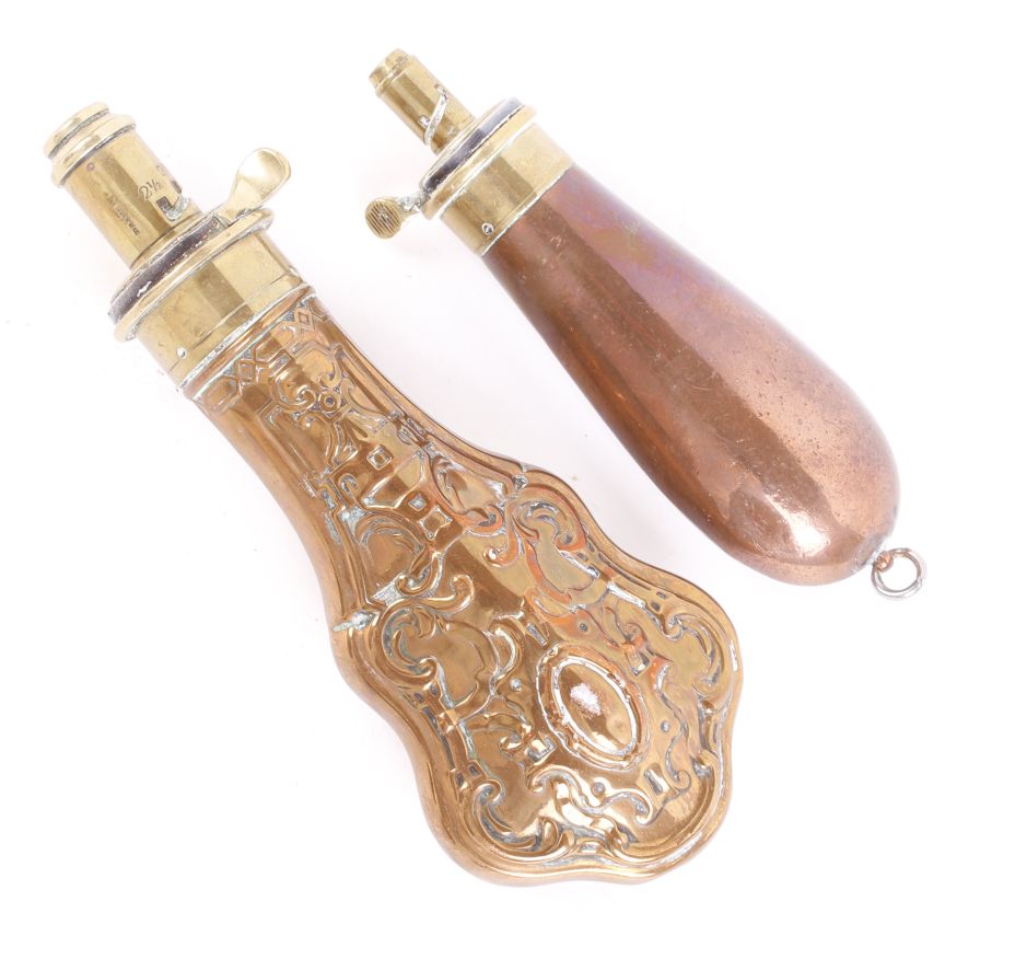 Copper and brass relief decorated powder flask by Hawksley, of escutcheon form, - Image 2 of 2