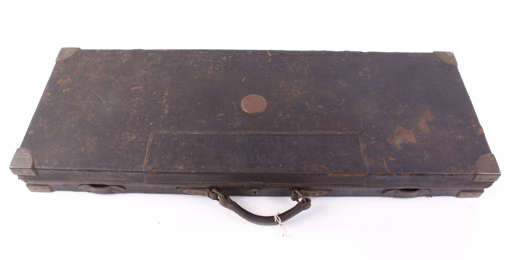 Oak and black leather double gun case stamped T.G. - Image 2 of 2