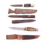 Three various knives: 5 ins blade, rosewood grips in leather sheath; 4 ins blade,