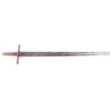 Reenactment early English broadsword, 35½ ins steel blade; reproduction tribal spear,