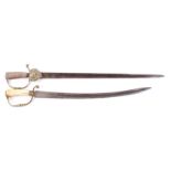 Continental hanger sword, 19½ ins single edged curved blade, brass hilt,