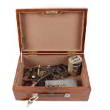 Wooden box with quantity of lead shot, flints, flask springs, lock, action,