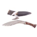 Kukri knife, 12 ins blade, studded wood grips, steel pommel, in leather covered wood sheath,