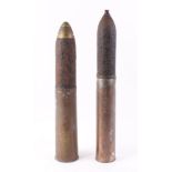 75mm French artillery brass case with projectile and fuse; 1915 18pdr British shrapnel case,