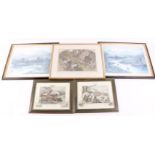 Five various framed and glazed prints depicting country scenes; grouse shooting, deerstalking,