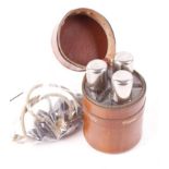 Leather cased three-part drinks flask (gin, whisky, cognac),
