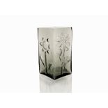 Frank Thrower for Dartington Glass, an FT23 tall square vase, 24.5 cm in Midnight. This vase, with