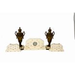 A 20th Century French ceramic clock garniture by Moulin des Loups & Hamage, circular dial, Roman