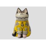 A Joan and David de Bethel of Rye Sussex pottery model of a cat, glass eyes, 1998, pattern 6077,