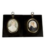 19th Century British School pair of miniatures on card, 'Portrait of a Gentleman in a Black Coat and