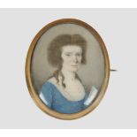 English School c. 1780 miniature, 'Portrait of a Lady with Dark Hair Wearing a Blue Dress and