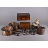 A pair of 19th Century copper spittoons, together with a collection of briar pipes, a novelty