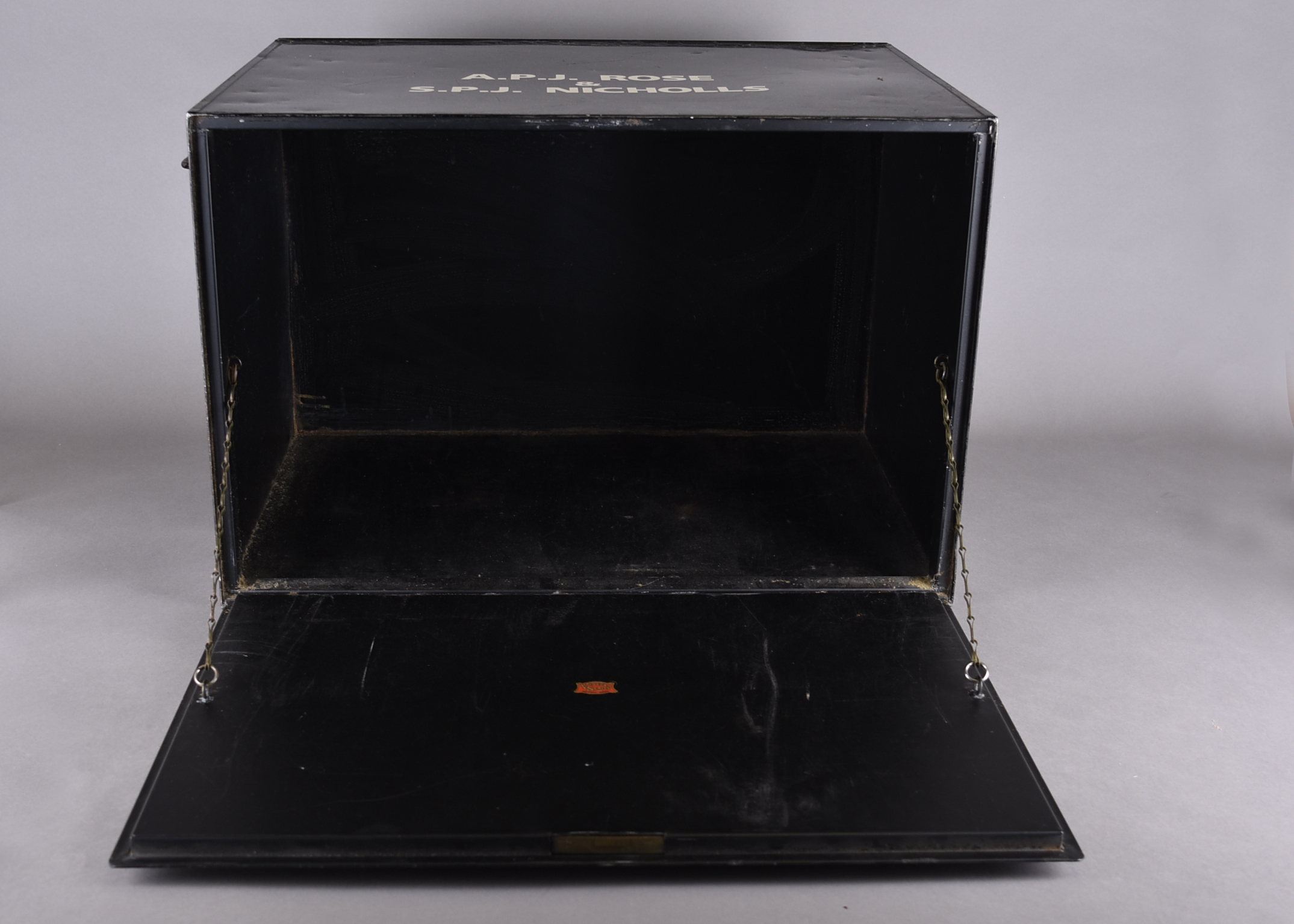 Two toleware document boxes, one with fall down lid, 56 cm wide, the other with hinged lid, 63 cm - Image 2 of 2