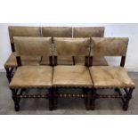 A set of six late 19th Century oak and studded leather dining chairs, barley twist front supports