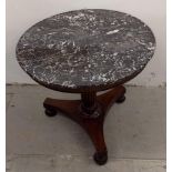 A William IV mahogany and marbled topped circular table, single fluted and naturalistic column,