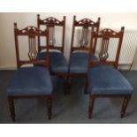 A set of four Edwardian mahogany dining chairs, turned supports, modern blue stuffover seats (4)