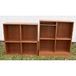 A near pair of 20th Century teak bookcases, adjustable shelves, the larger 76 cm wide x 27 cm deep x