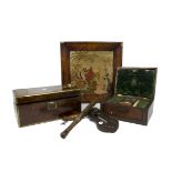 A 19th Century rosewood and oak, brass-bound writing slope, Bramah lock, fold out top, green leather