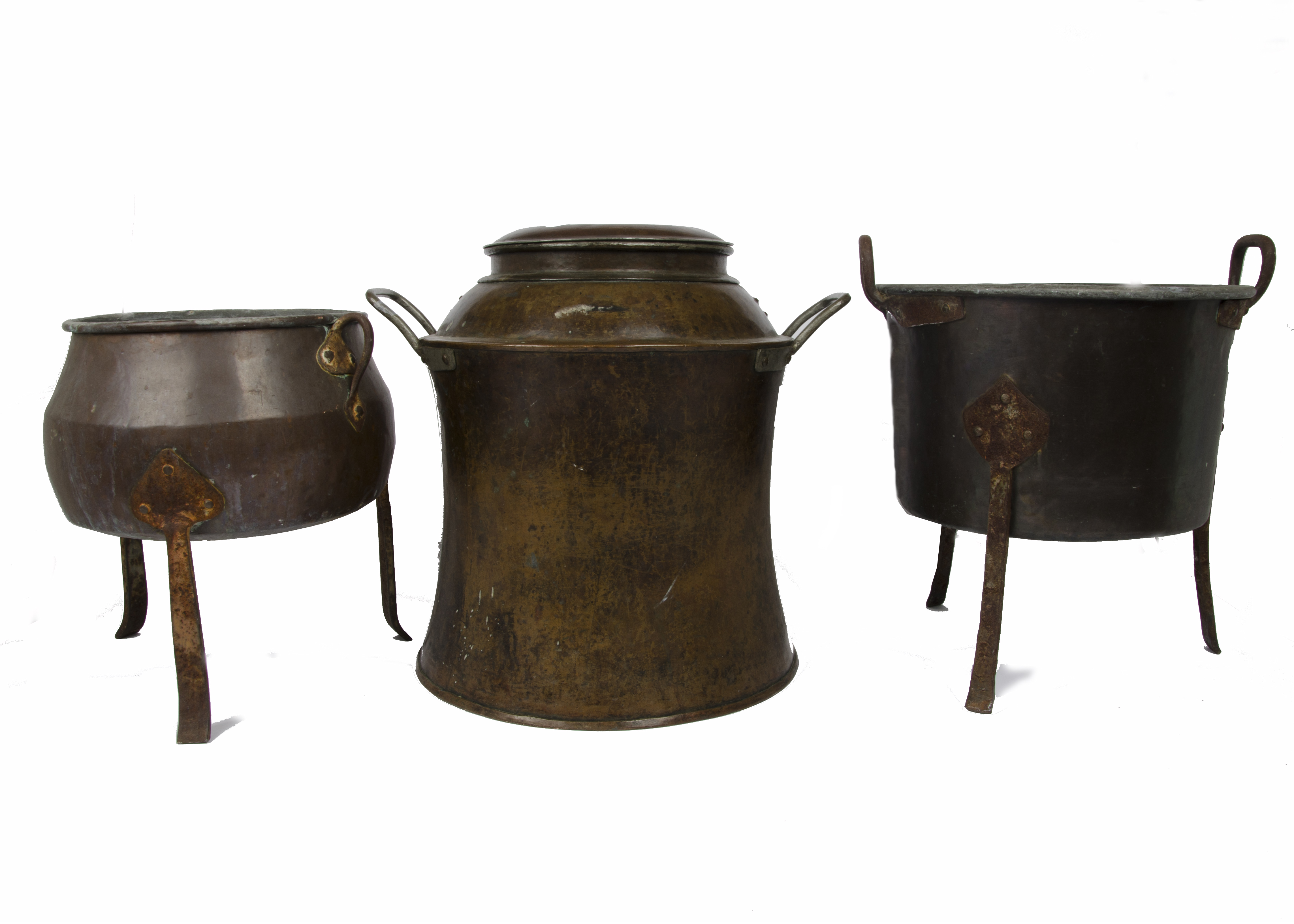 Two 19th Century copper jardinieres, iron handles and legs. Together with a copper twin-handled