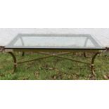 A modern brass and glass rectangular coffee table, cross stretcher, heavy glass top, 120 cm x 80 cm