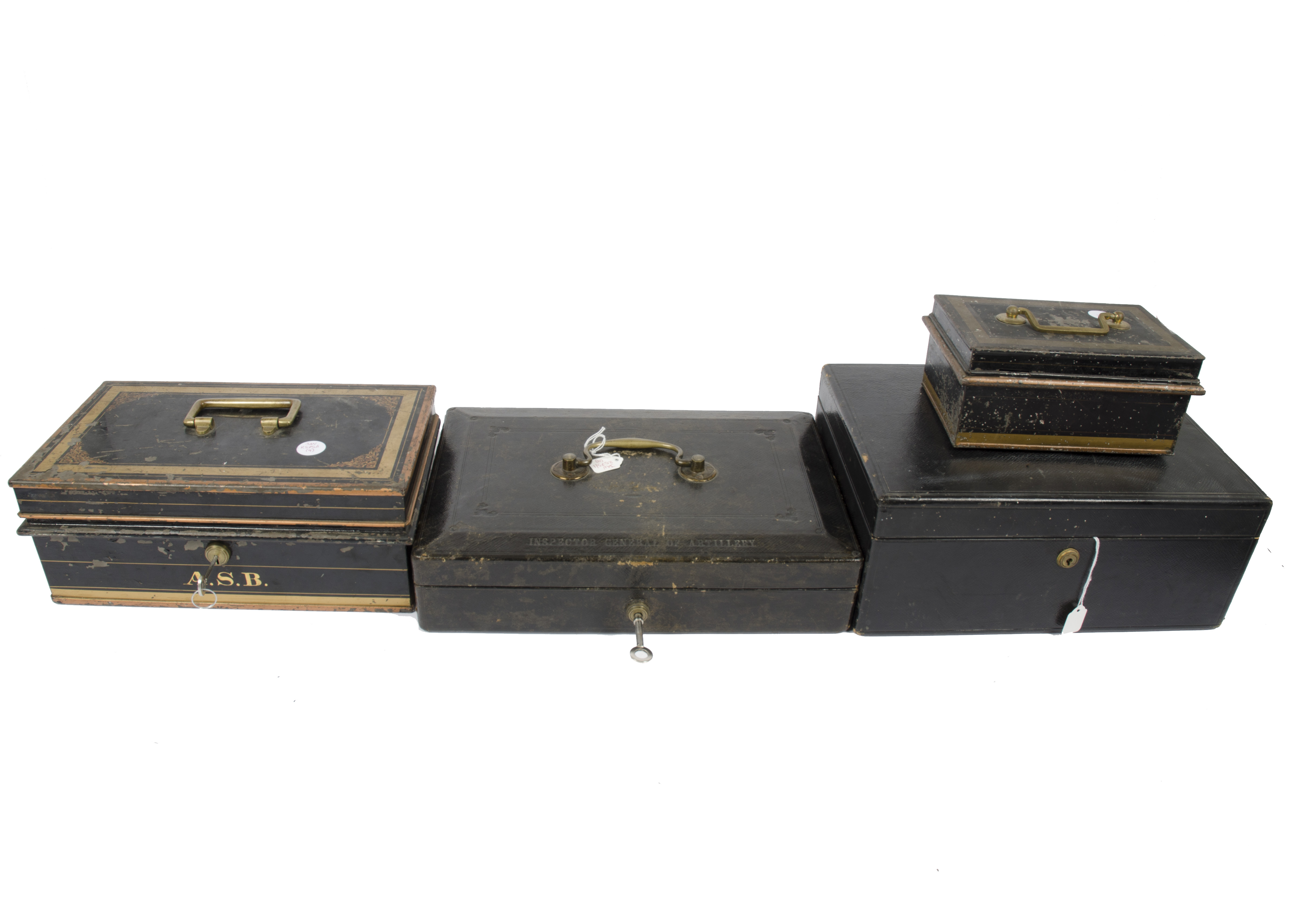 A collection of document boxes, including a Wickwar & Co, Poland Street black leather example, S.