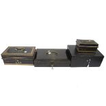 A collection of document boxes, including a Wickwar & Co, Poland Street black leather example, S.