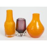 A trio of 20th century glass vases, to include a Geoffrey Baxter for Whitefriars 'Shouldered Bottle'