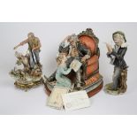 Three Italian Capodimonte figures, including the 'Young Storyteller' on a wooden stand, 'Surprised