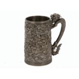 A late 19th Century Christofle silver plated tankard, chinoiserie decoration, dragon handle, 14 cm