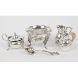 A selection of 20th century silver and silver plated tea set pieces, including two silver teaspoons,