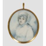 Moses Griffith (1749-1819) miniature, 'Portrait of a Young Lady Wearing a Bonnet, White Dress and