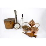 A miscellaneous collection, including a Down South banjolele, a pair of bellows, a Victorian metal