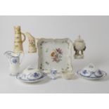 A collection of ceramics, including two Royal Worcester jugs in blush (one af) a reticulated pot