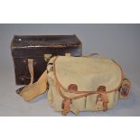 A Billingham Camera Bag, a 445 khaki/tan canvas bag, condition F, and a large leather holdall, 40