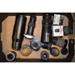 A Tray of Telephoto and Zoom Lenses, including Canon, Carl Zeiss, Nikon, Tamron, Russian, Sigma,