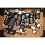 A Tray of Canon SLR Cameras and Bodies, including T90 (2 examples), EOS Elan IIE, 500N, IX, 1000F,