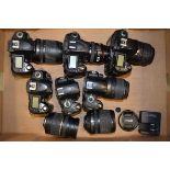 A Tray of Nikon DSLR Cameras with Zoom Lenses, including D60, D70 (2 examples and 1 body only), D90,
