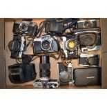 A Tray of SLR and Compact Film Cameras, including a Petri Penta V6 , a Kowa Model E, a Mamiya ZE ,