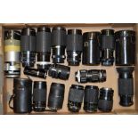 A Tray of Independent Zoom Lenses, including Hanimex, Hoya, Makinon, Miranda, Osawa, Prakticar,