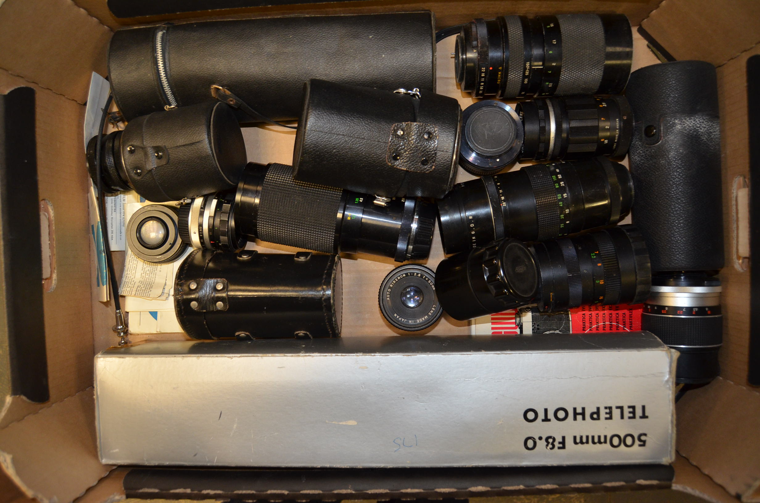 A Tray of Assorted Focal Length Lenses, including Asahi Pentax, Dufay, Hanimex, Optomax, Pentacon,