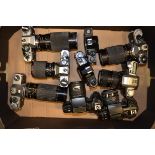 A Tray of SLR Cameras and Bodies, including Pentax ME F, MX, MV1 body, MZ-10, SF7, SFX, Olympus OM10